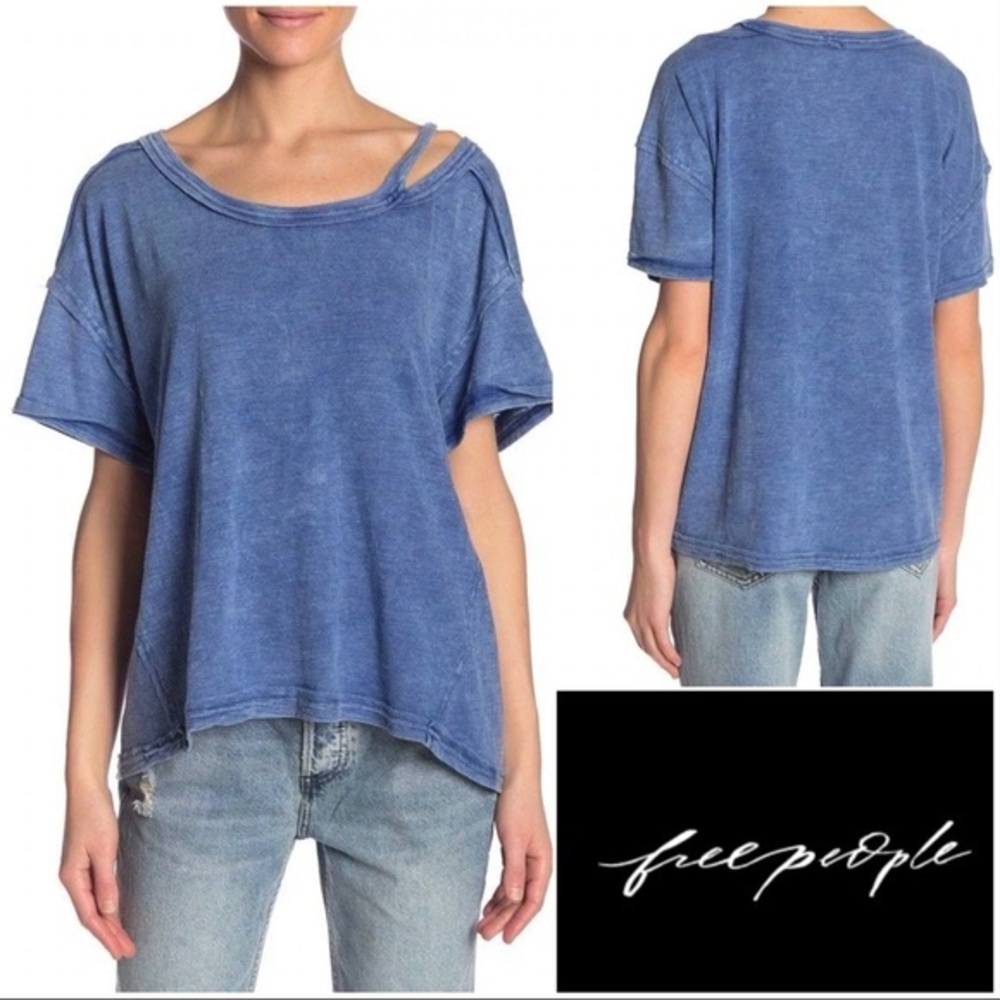 Free People Alex Cold-Shoulder Cutout T-Shirt Blue S NEW $58